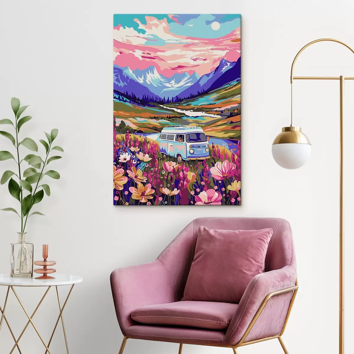 murales de pared Una furgoneta atraviesa un campo de flores s38260