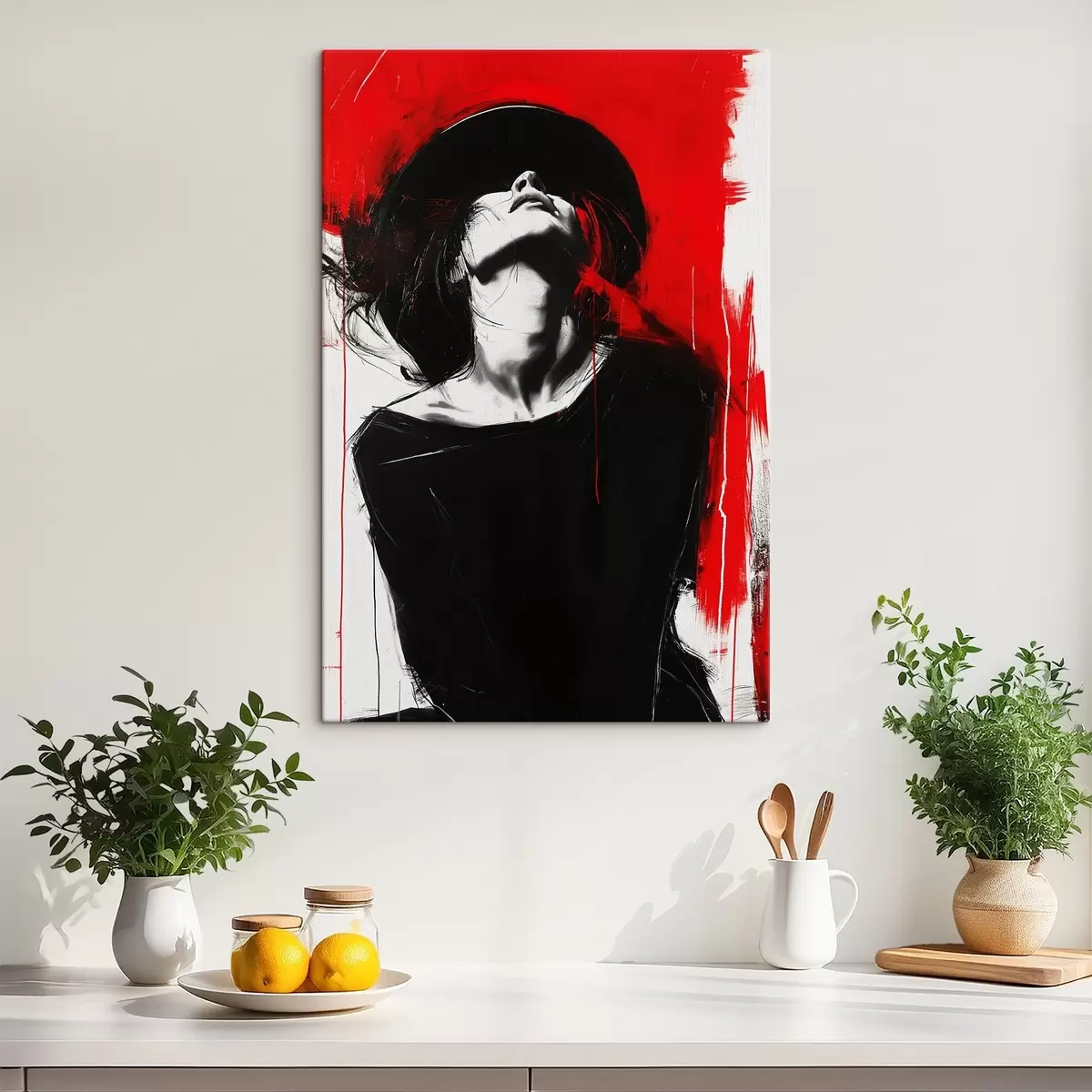 murales de pared Una mujer con sombrero negro sobre fondo rojo s38561