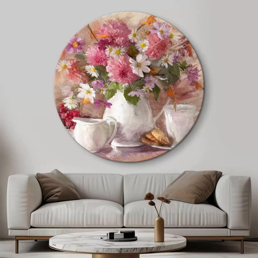 murales de pared Juego de té con un ramo de delicadas flores rosas r29240