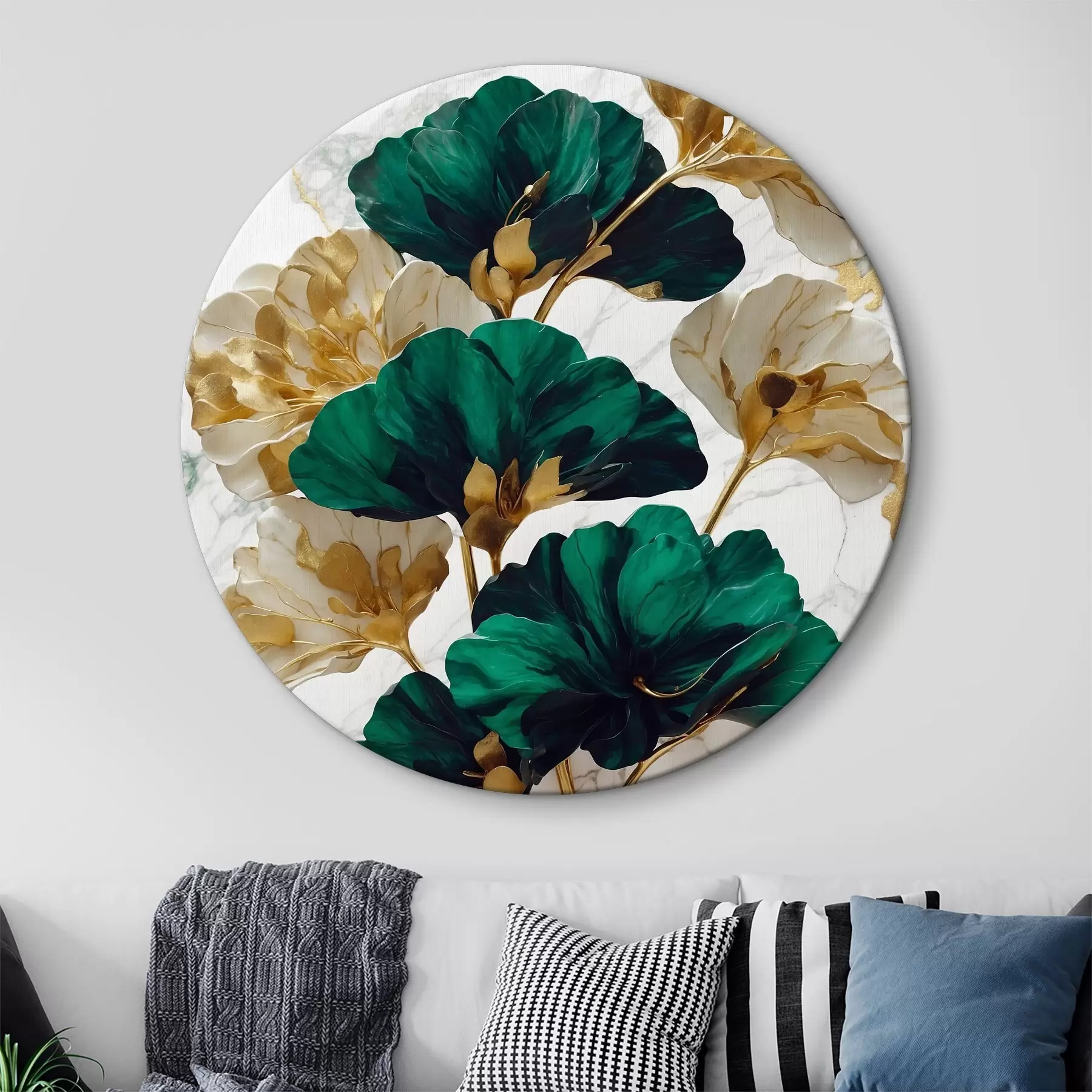 murales de pared Flores verdes y blancas sobre fondo de mármol blanco r36646