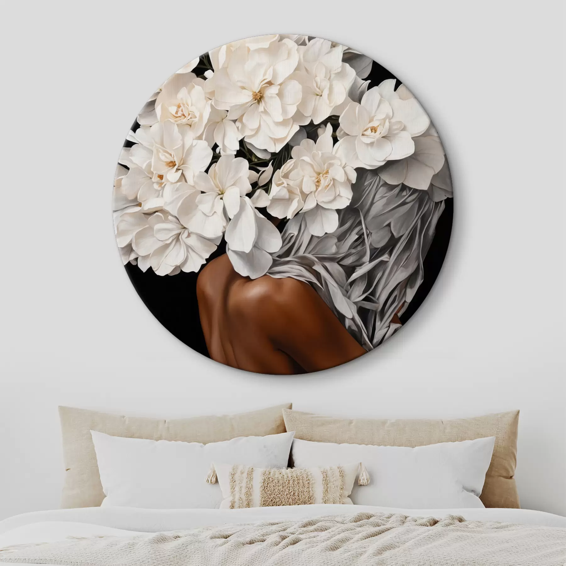 murales de pared Mujer con flores blancas sobre fondo negro r37163