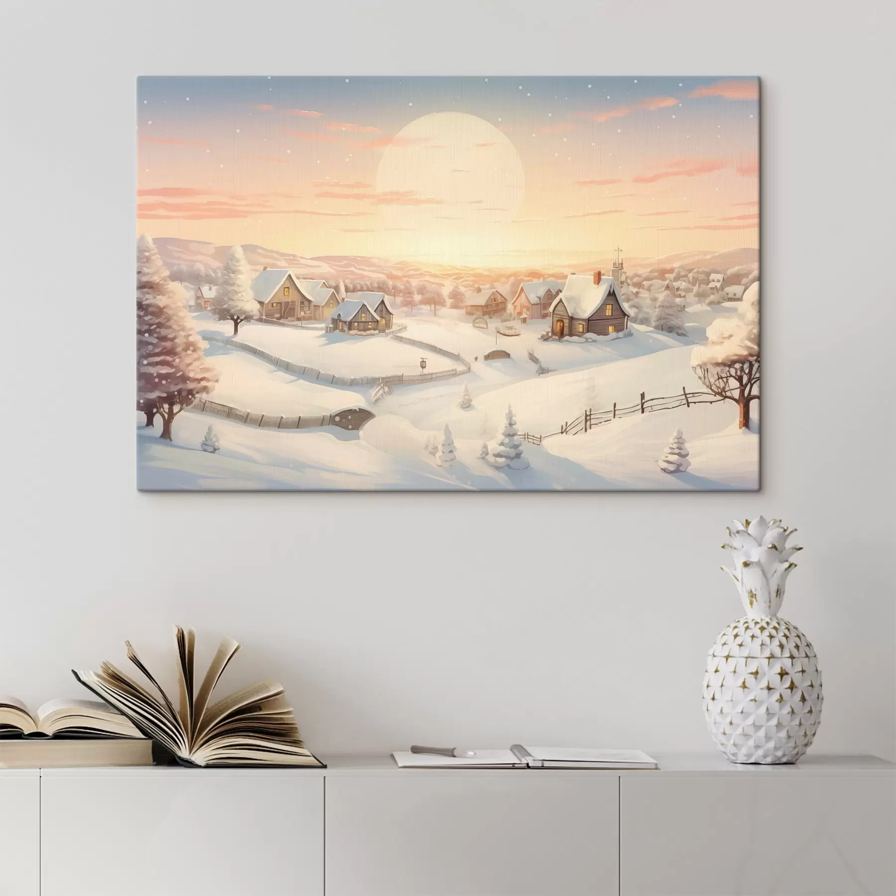 murales de pared Pueblo de invierno al atardecer, casas cubiertas de nieve, pinos s41380