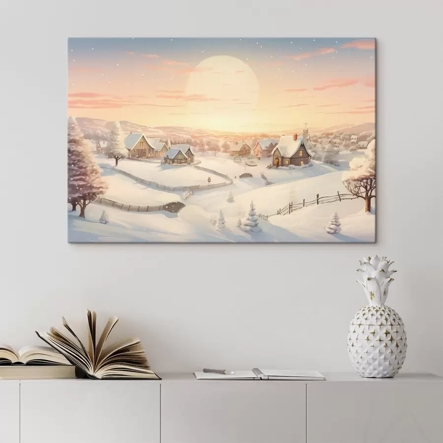 murales de pared Pueblo de invierno al atardecer, casas cubiertas de nieve, pinos s41380