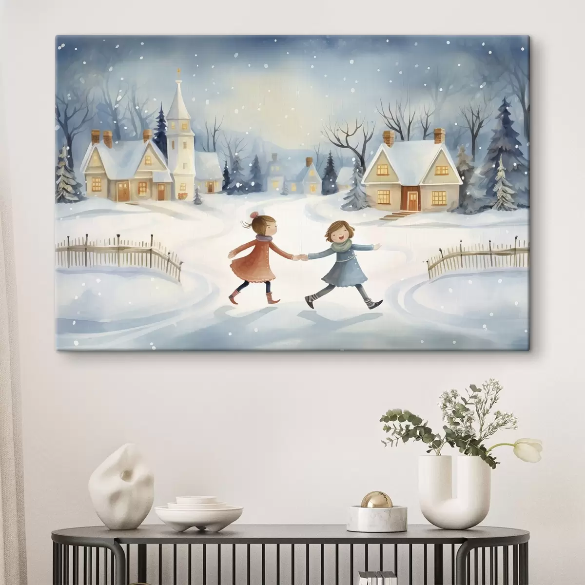 murales de pared Niñas en el pueblo de invierno, copos de nieve, acuarela, casas, bosque s41385