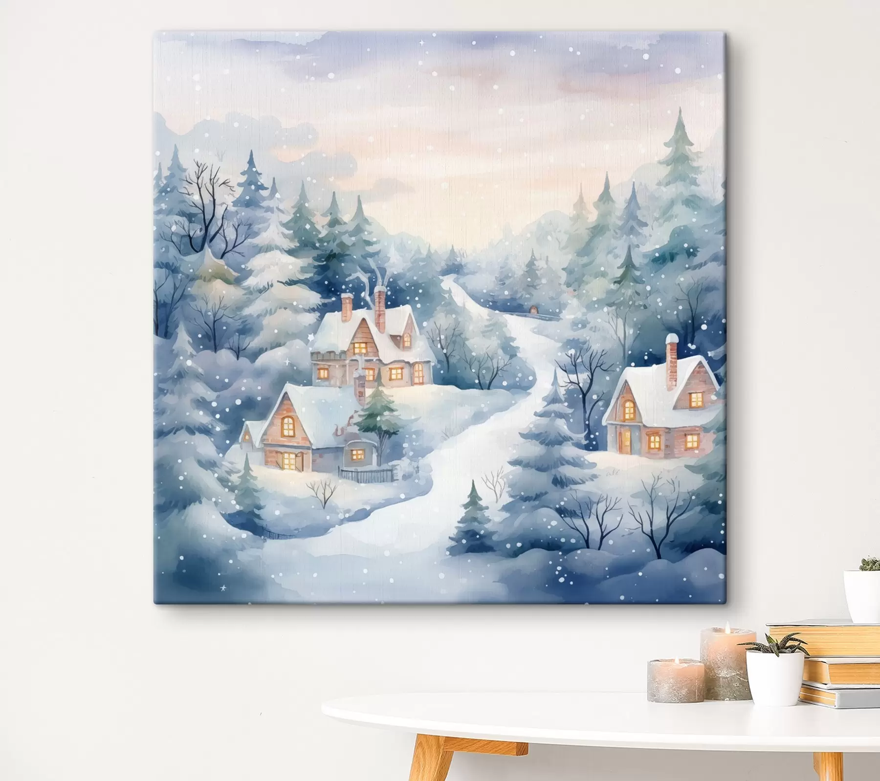 murales de pared Acuarela paisaje invernal, bosque de pinos, casas s41387