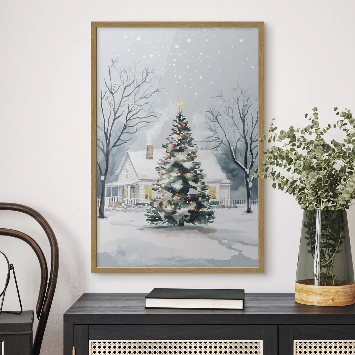 Poster Ciudad invernal, pino decorado, Navidad, acuarela f41364