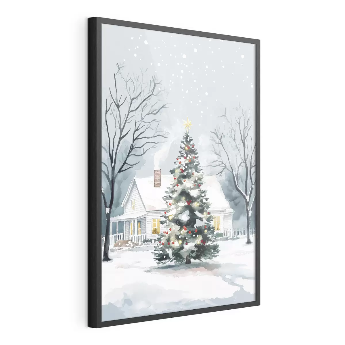 Poster Ciudad invernal, pino decorado, Navidad, acuarela f41364