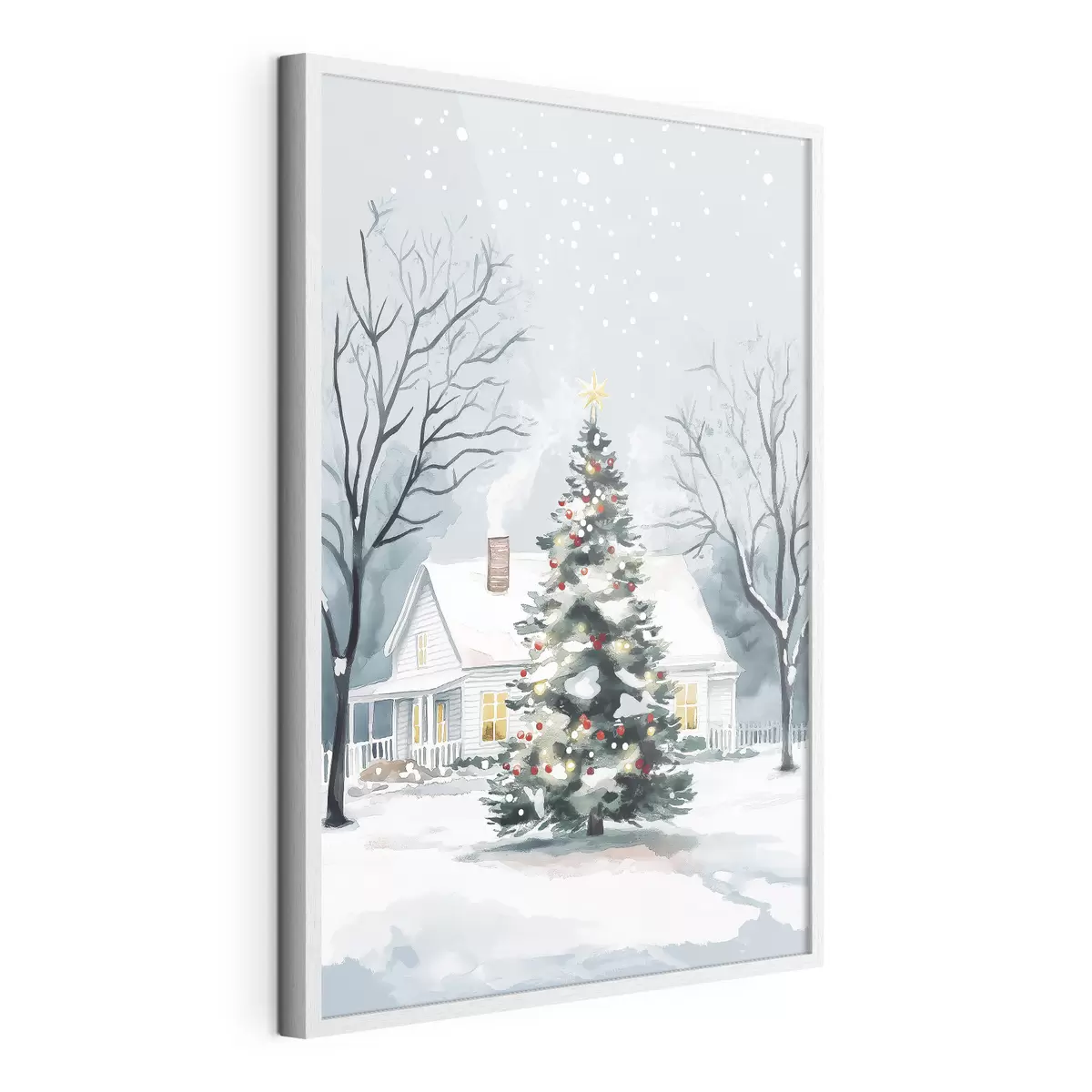 Poster Ciudad invernal, pino decorado, Navidad, acuarela f41364
