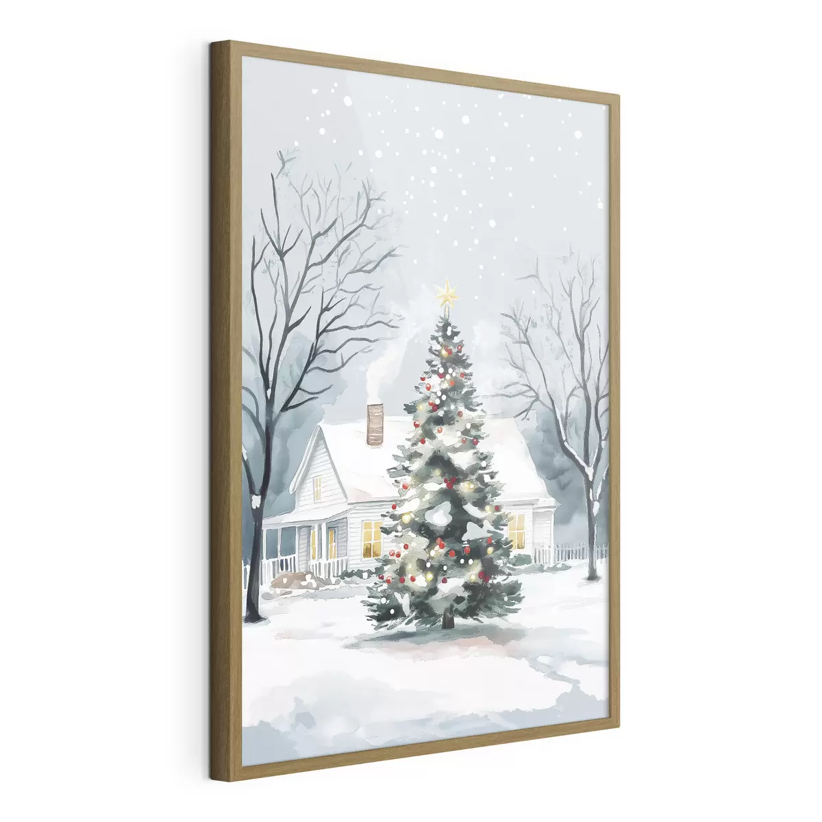 Poster Ciudad invernal, pino decorado, Navidad, acuarela f41364