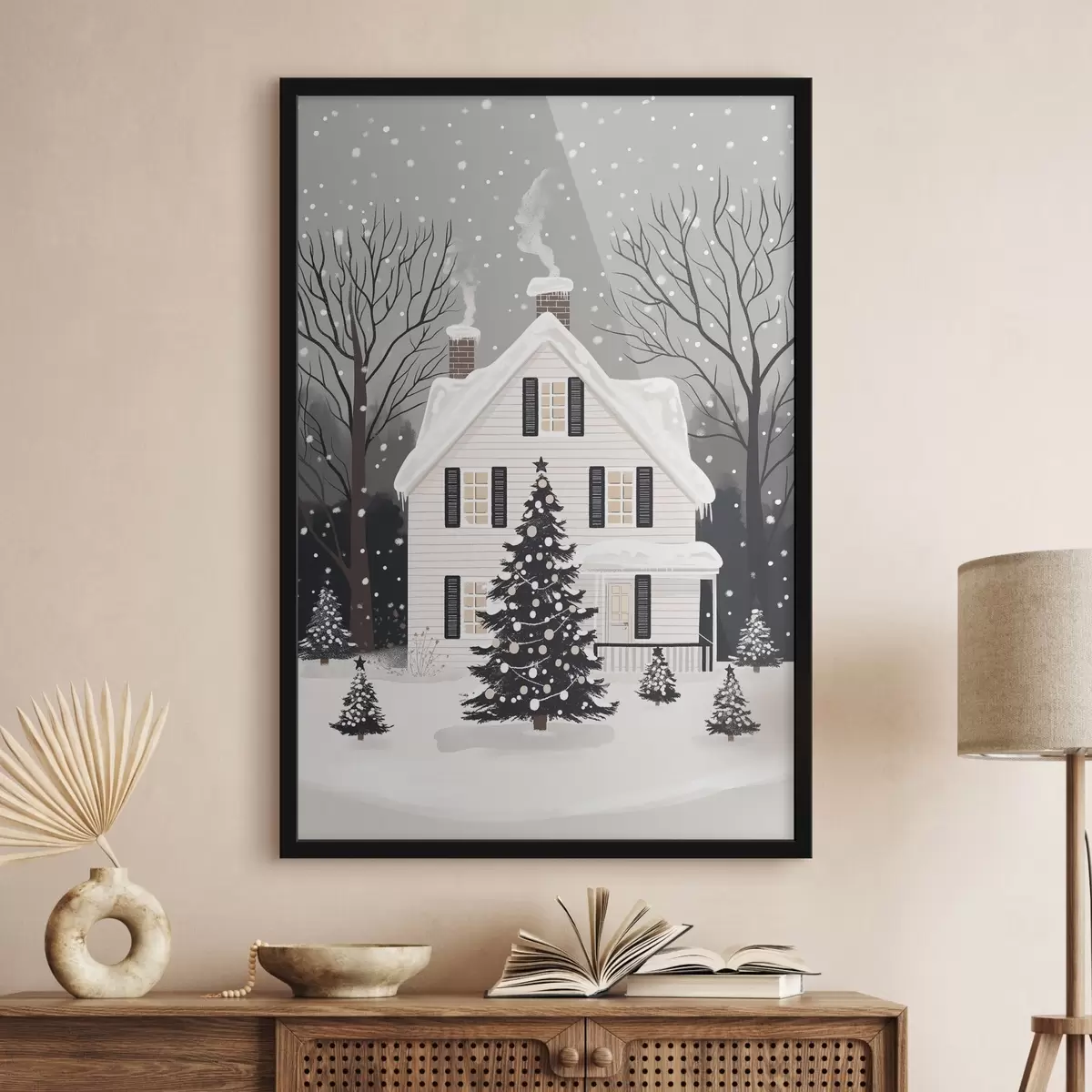 Poster Ciudad invernal, pino decorado, Navidad, bosque, bonita casa f41371