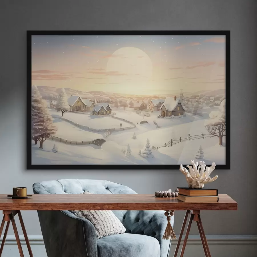 murales de pared Pueblo de invierno al atardecer, casas cubiertas de nieve, pinos f41380