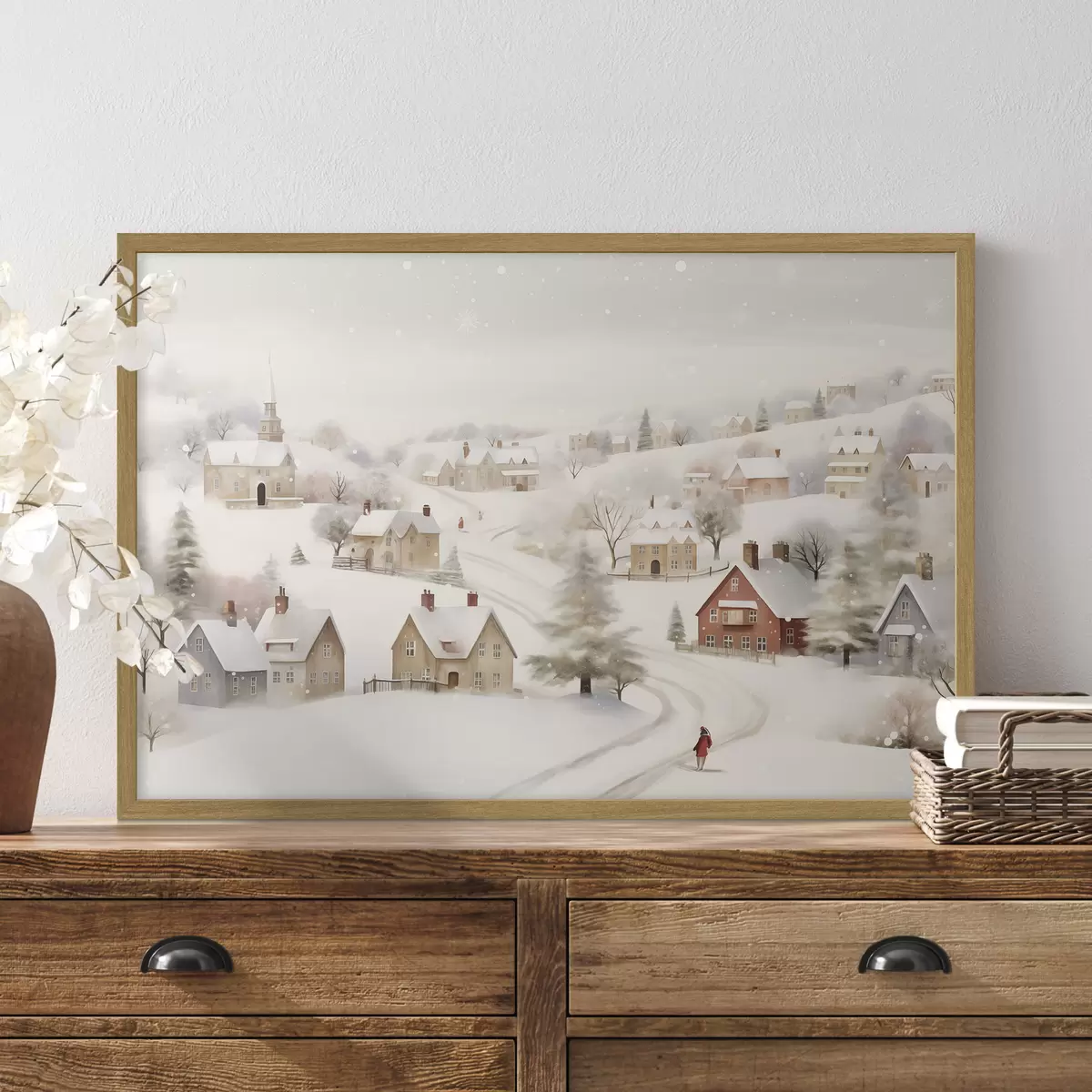 Poster Pueblo de invierno, acuarela, copos de nieve, colores suaves, árboles, paisaje f41381