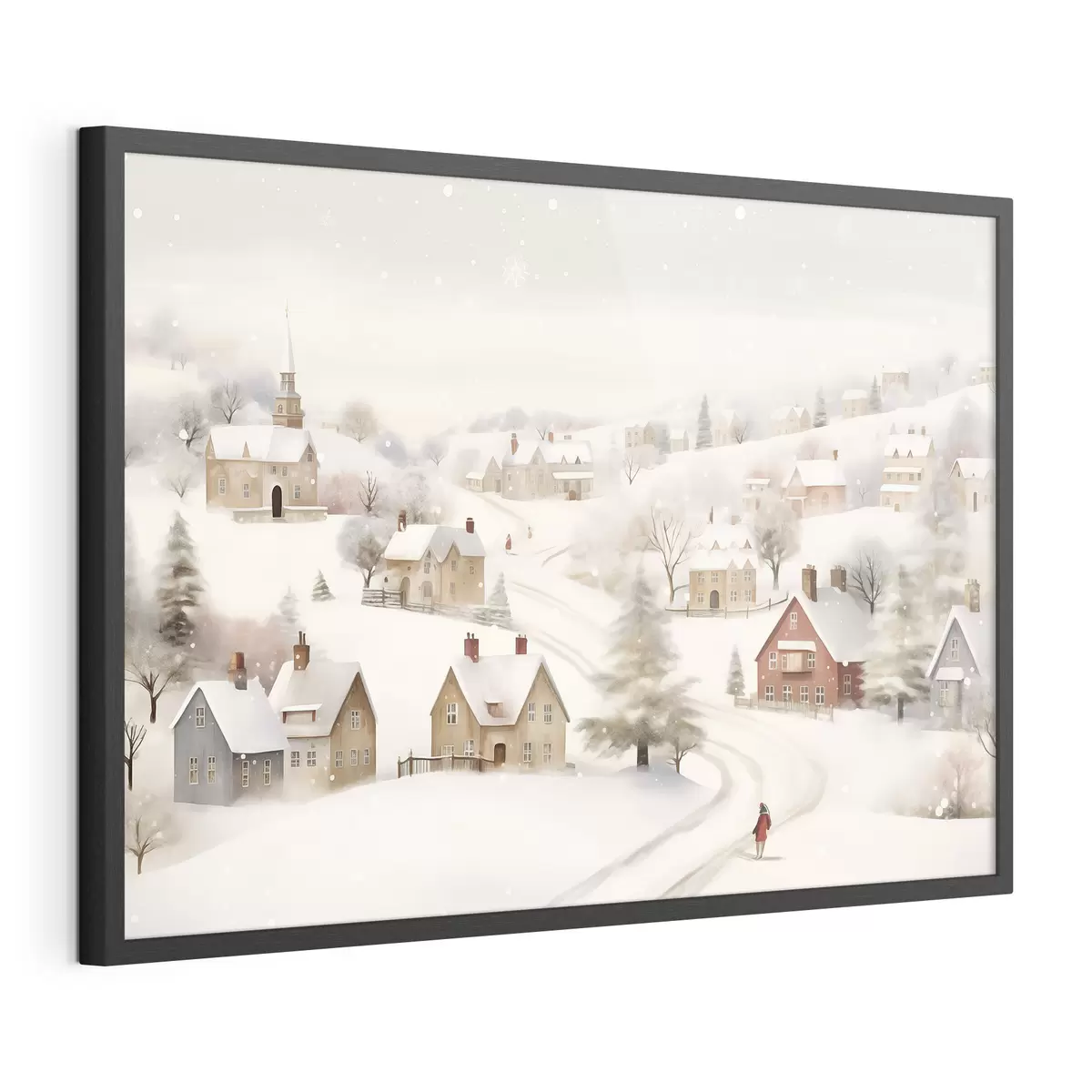 Poster Pueblo de invierno, acuarela, copos de nieve, colores suaves, árboles, paisaje f41381
