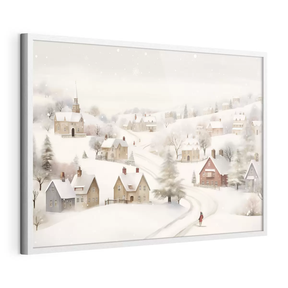 Poster Pueblo de invierno, acuarela, copos de nieve, colores suaves, árboles, paisaje f41381