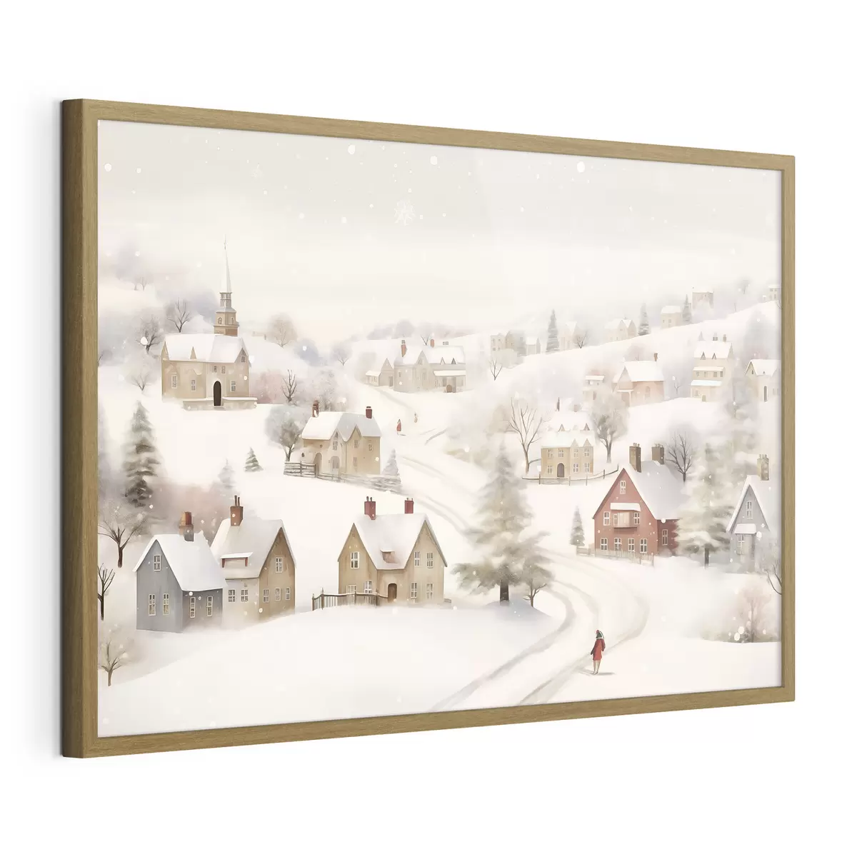 Poster Pueblo de invierno, acuarela, copos de nieve, colores suaves, árboles, paisaje f41381