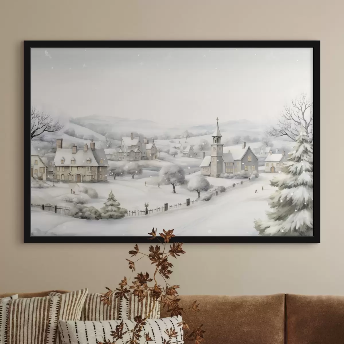 Poster Hermoso pueblo de invierno, árboles, casas, acuarela, montañas f41382