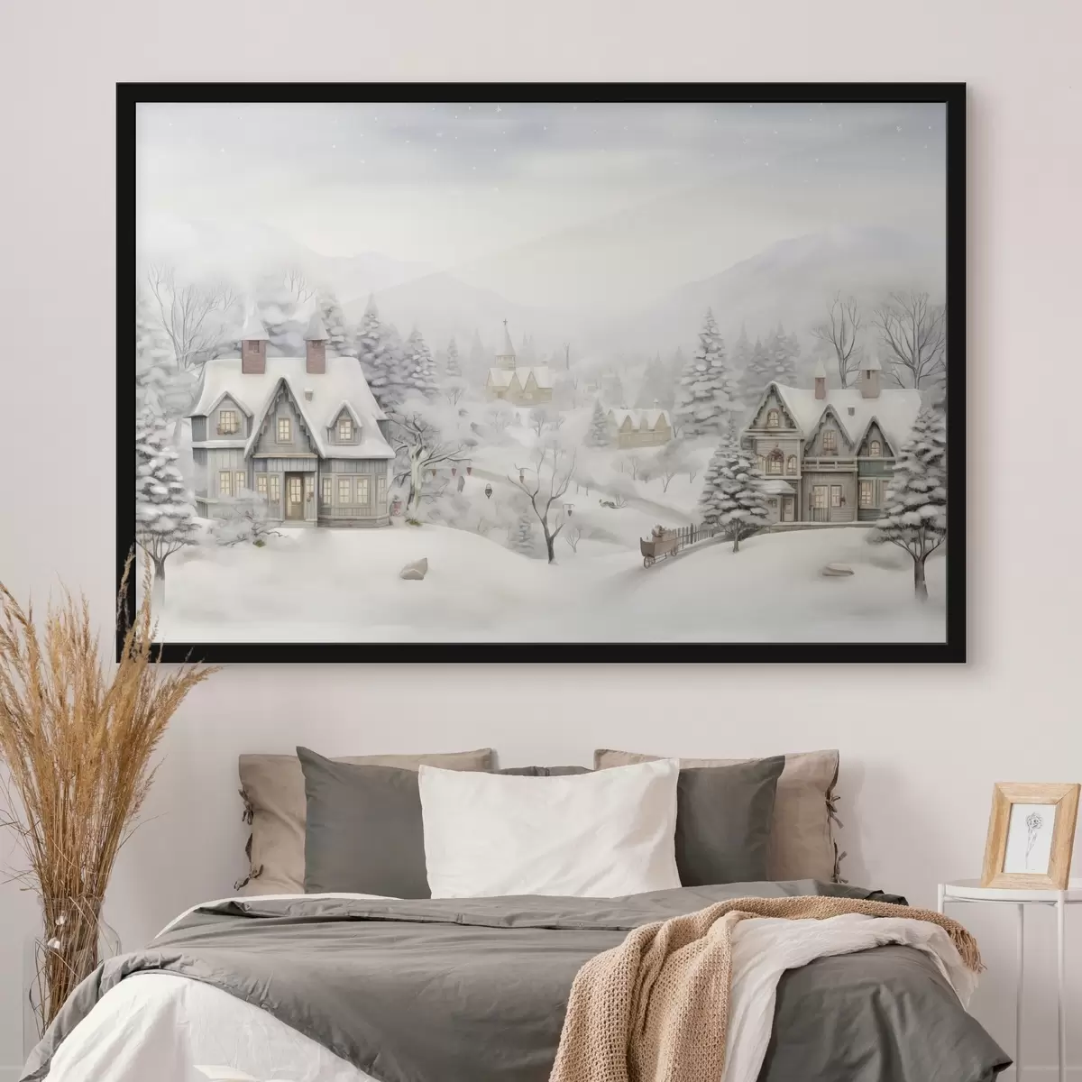 Poster Hermoso paisaje de invierno con pueblo, pinos, casas, montañas f41384