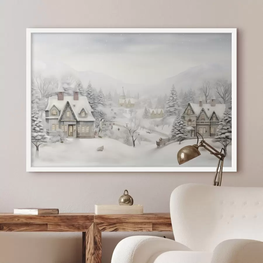 murales de pared Hermoso paisaje de invierno con pueblo, pinos, casas, montañas f41384