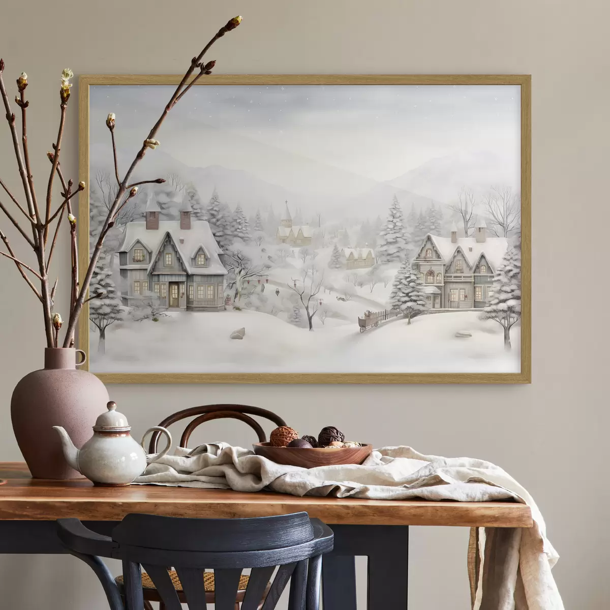 Poster Hermoso paisaje de invierno con pueblo, pinos, casas, montañas f41384