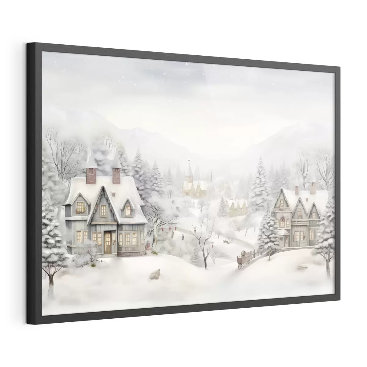 Poster Hermoso paisaje de invierno con pueblo, pinos, casas, montañas f41384