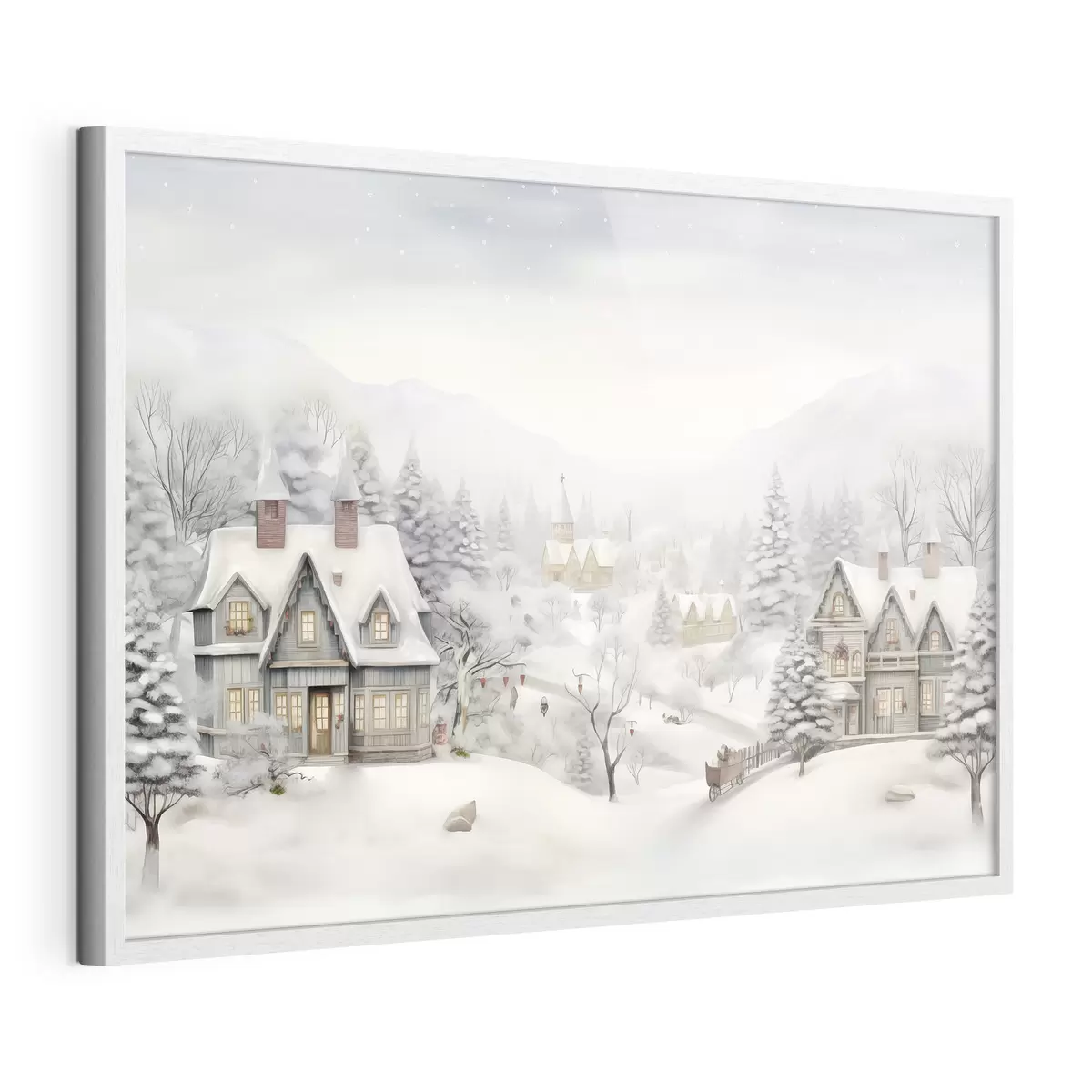 Poster Hermoso paisaje de invierno con pueblo, pinos, casas, montañas f41384