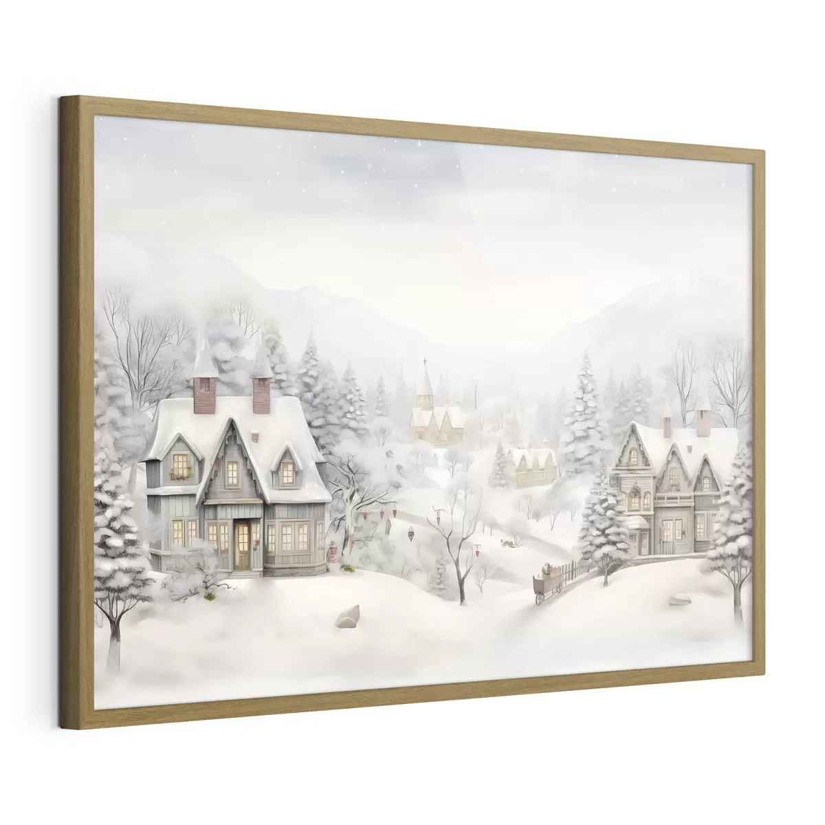 Poster Hermoso paisaje de invierno con pueblo, pinos, casas, montañas f41384
