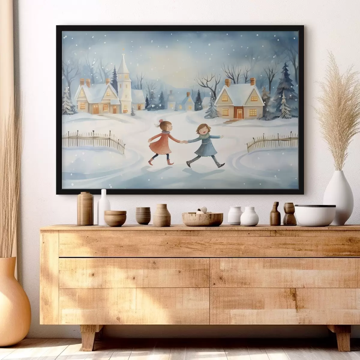 Poster Niñas en el pueblo de invierno, copos de nieve, acuarela, casas, bosque f41385