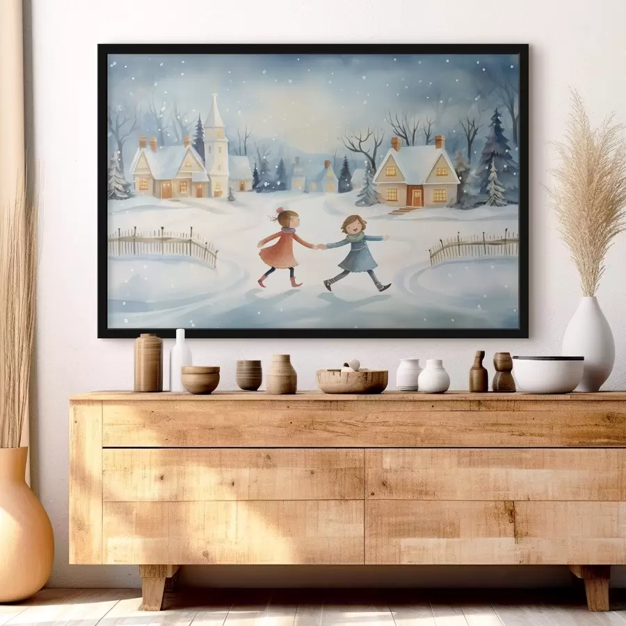 murales de pared Niñas en el pueblo de invierno, copos de nieve, acuarela, casas, bosque f41385