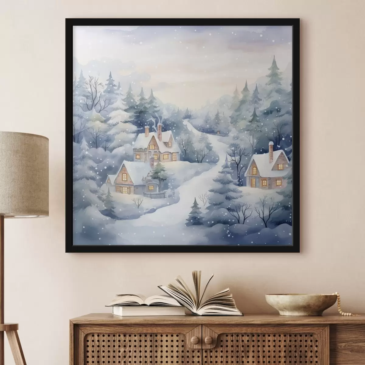 Poster Acuarela paisaje invernal, bosque de pinos, casas f41387