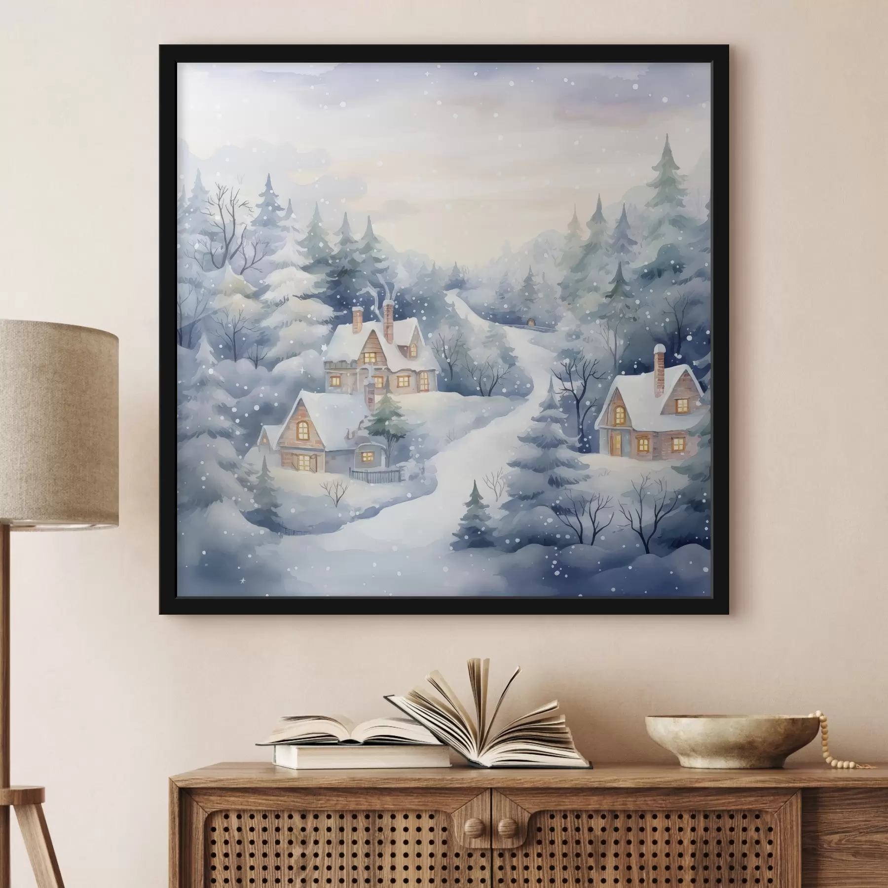 murales de pared Acuarela paisaje invernal, bosque de pinos, casas f41387