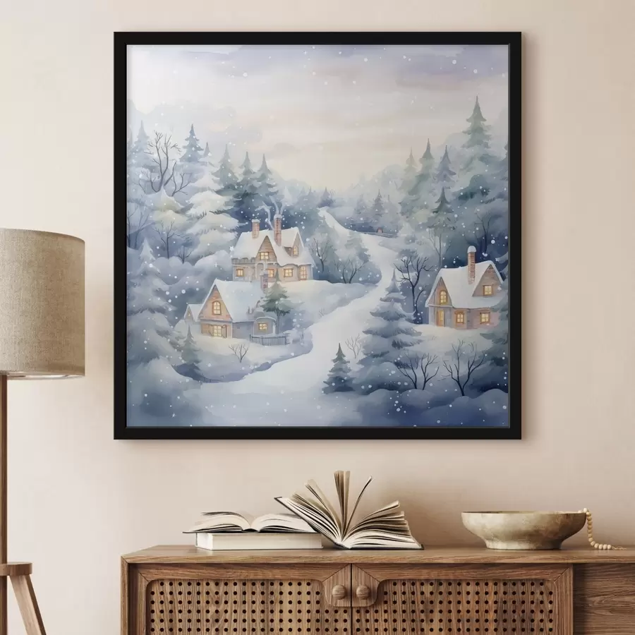 murales de pared Acuarela paisaje invernal, bosque de pinos, casas f41387