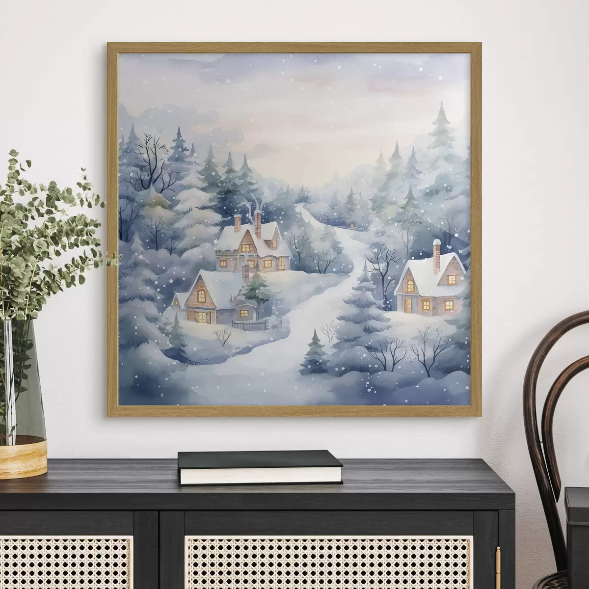 Poster Acuarela paisaje invernal, bosque de pinos, casas f41387