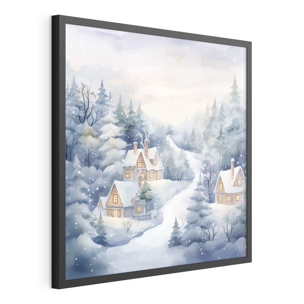 Poster Acuarela paisaje invernal, bosque de pinos, casas f41387