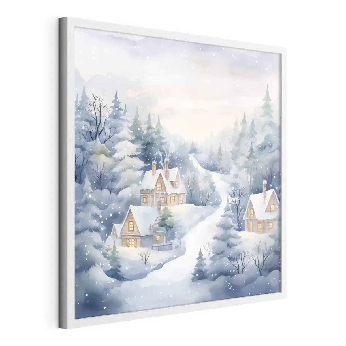 Poster Acuarela paisaje invernal, bosque de pinos, casas f41387