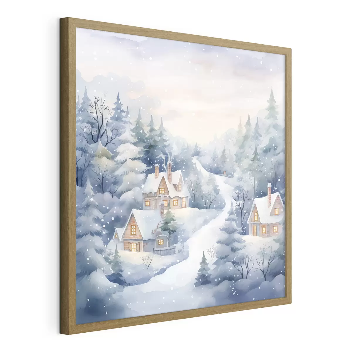 Poster Acuarela paisaje invernal, bosque de pinos, casas f41387