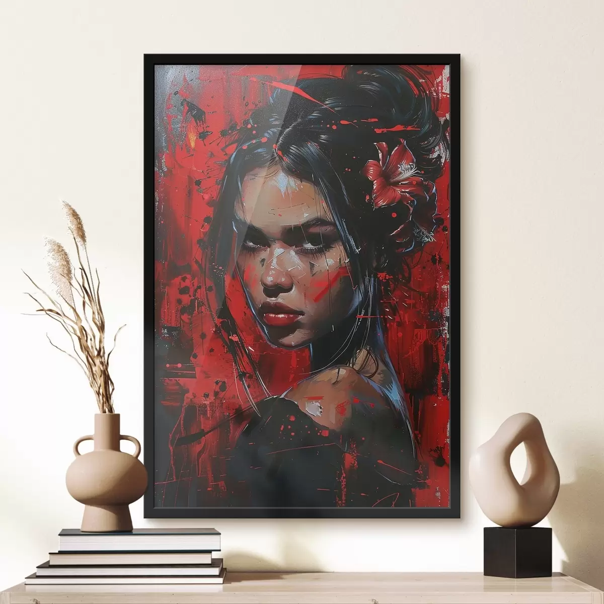 Poster Chica con pinturas sobre fondo rojo f41413