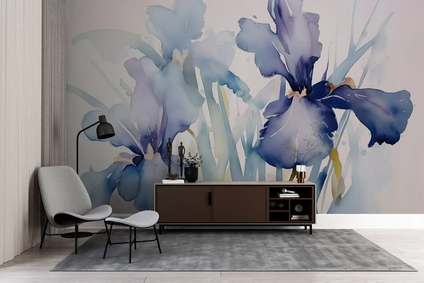 murales de pared Iris en estilo acuarela húmeda difuminada, color azul-violeta w01945
