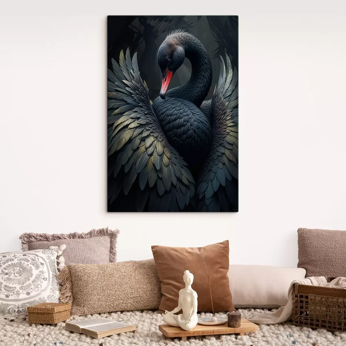 murales de pared Un cisne negro con las alas desplegadas, mostrando sus llamativas plumas negras y su pico rojo sobre un fondo oscuro s41249