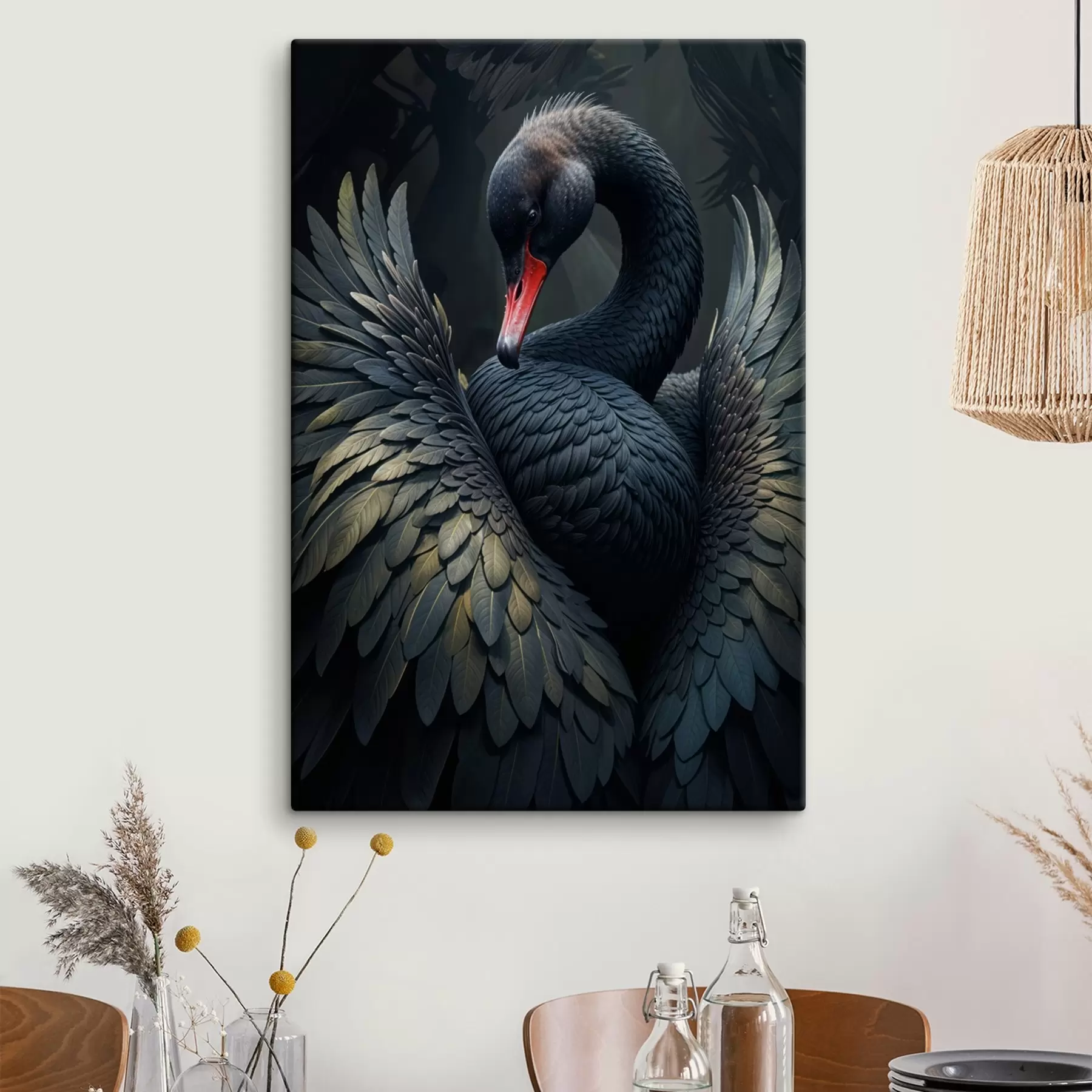 murales de pared Un cisne negro con las alas desplegadas, mostrando sus llamativas plumas negras y su pico rojo sobre un fondo oscuro s41249