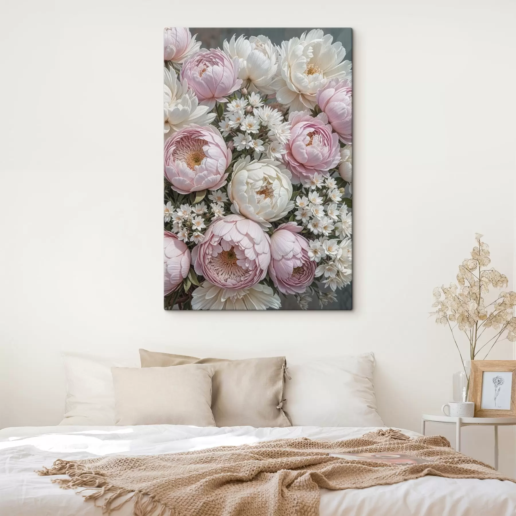 murales de pared Un ramo de peonías rosa pastel y margaritas blancas, dispuestas en una bella composición floral s41255