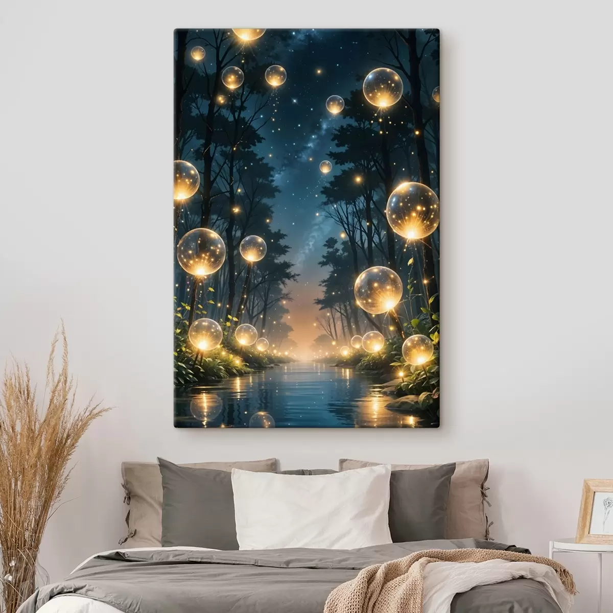 murales de pared Un bosque mágico de noche con orbes amarillos y luciérnagas flotando entre los árboles, creando una atmósfera caprichosa s41259