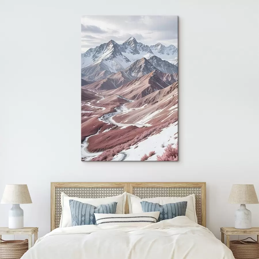 murales de pared Montañas escarpadas cubiertas de nieve con un río serpenteante que fluye a través de un paisaje vasto y colorido s41262