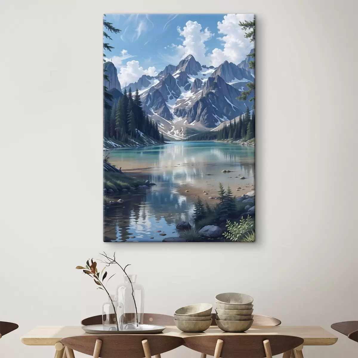 murales de pared Un sereno lago alpino rodeado de majestuosas montañas nevadas, con un denso bosque y un cielo nublado  s41264