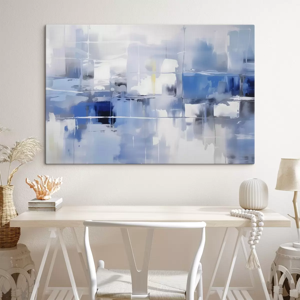 murales de pared Una abstracción moderna en tonos azules, blancos y grises con líneas y formas difuminadas s41269