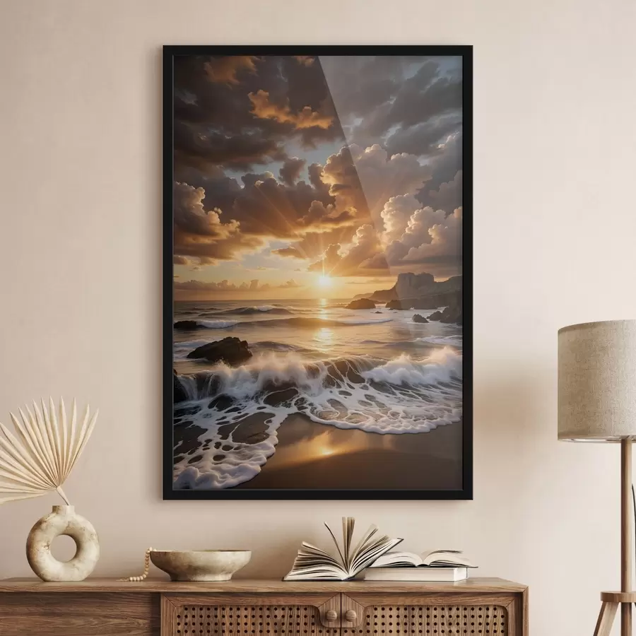 murales de pared Una dramática puesta de sol sobre una costa rocosa, con olas rompiendo y espectaculares nubes en el cielo f41245