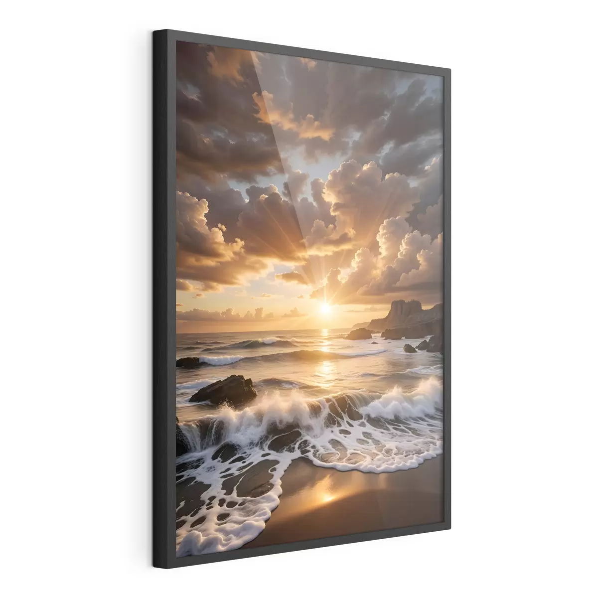 Poster Una dramática puesta de sol sobre una costa rocosa, con olas rompiendo y espectaculares nubes en el cielo f41245