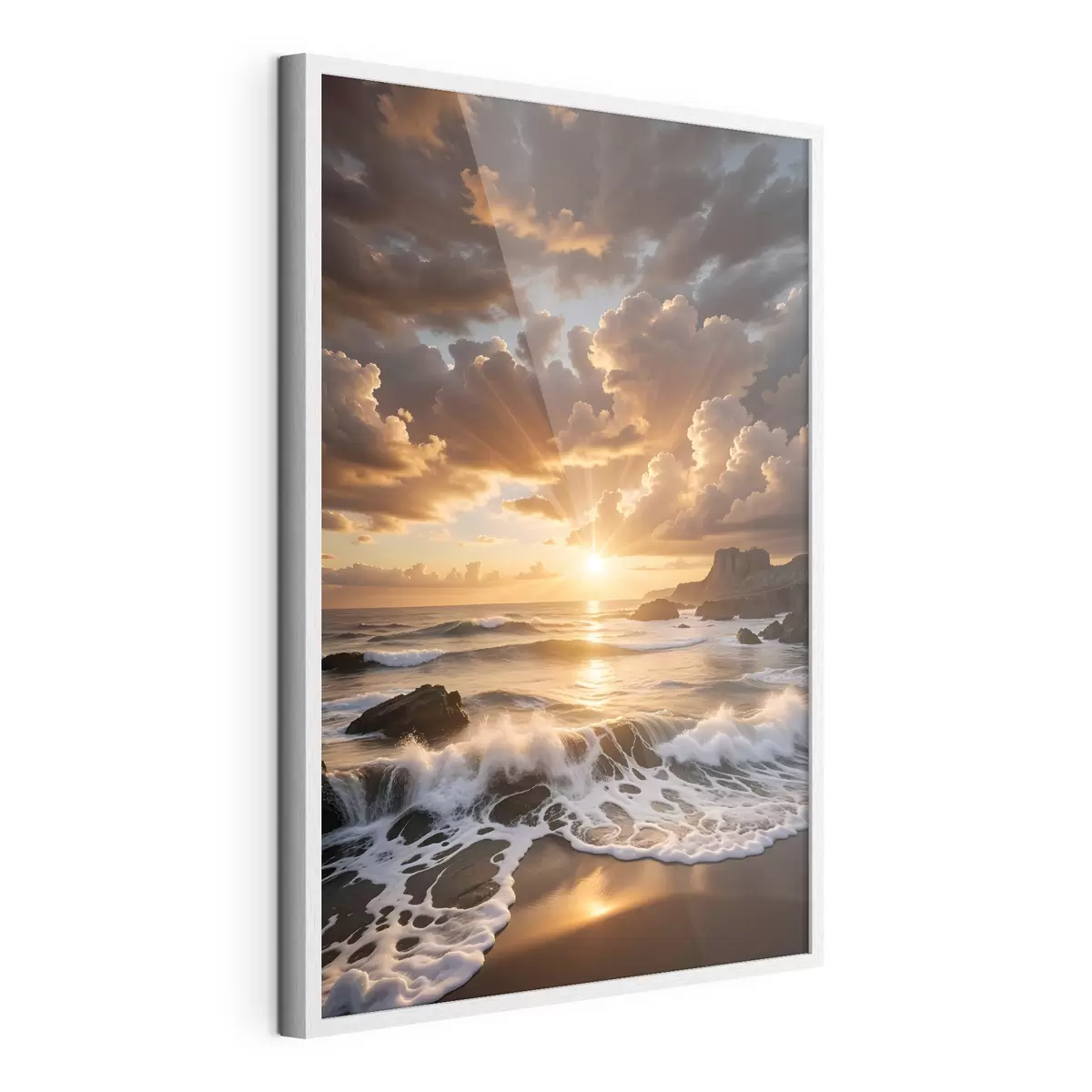 Poster Una dramática puesta de sol sobre una costa rocosa, con olas rompiendo y espectaculares nubes en el cielo f41245