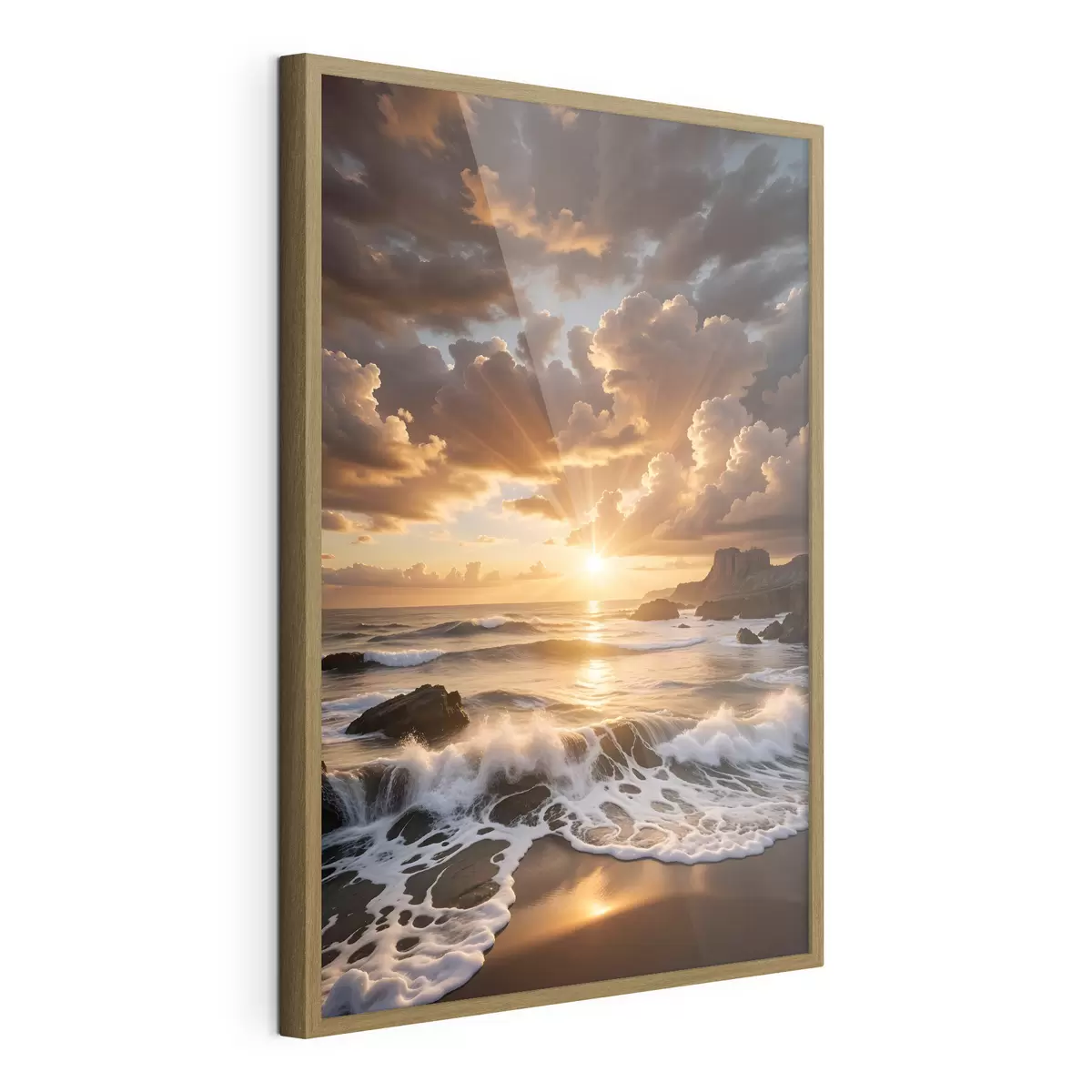 Poster Una dramática puesta de sol sobre una costa rocosa, con olas rompiendo y espectaculares nubes en el cielo f41245