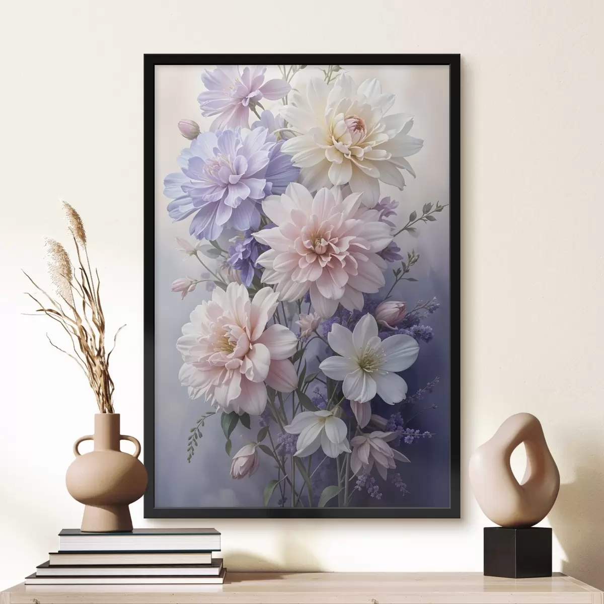 Poster Un ramo de grandes y vibrantes flores de dalia en tonos rosa, lavanda y blanco sobre un fondo suave y difuminado f41247