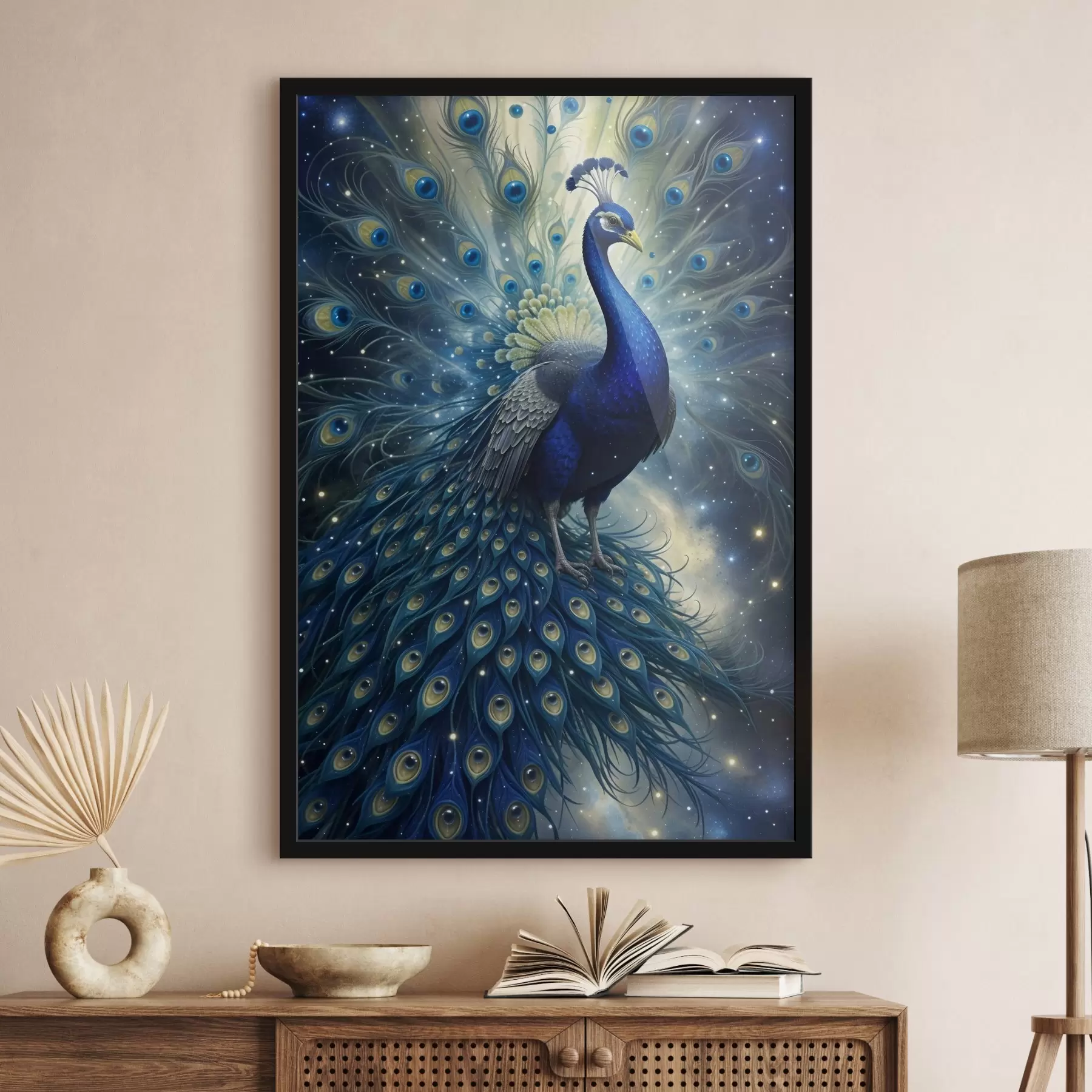 murales de pared Un pavo real vibrante y majestuoso contra un cielo nocturno estrellado, creando una atmósfera mágica y etérea f41256